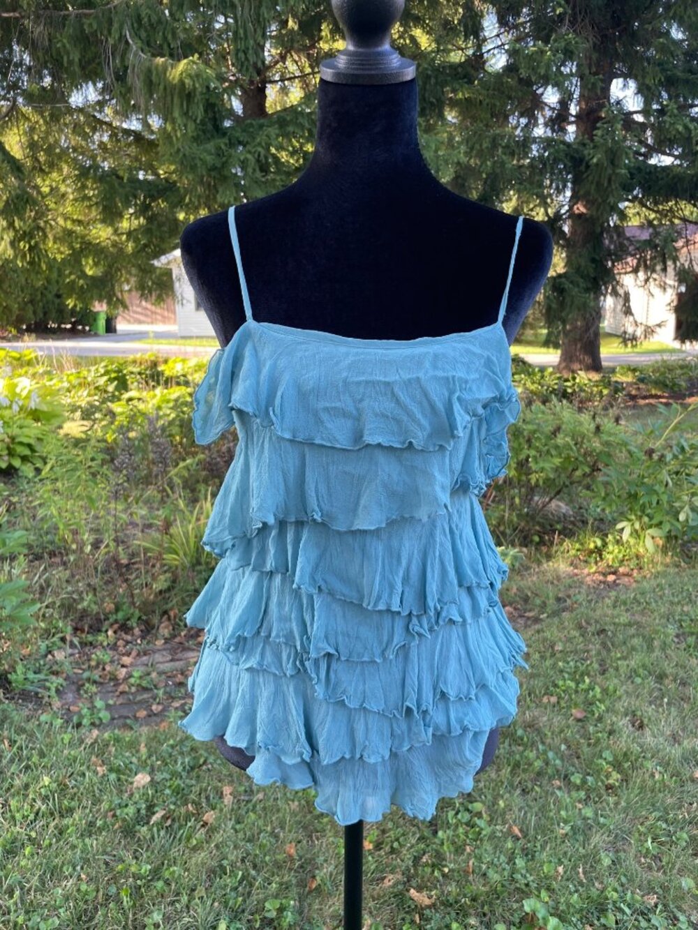 Vintage Y2K Bebe Ruffle Cami Blue Flowy Italian Silk Ethereal Party Top XS Maxim